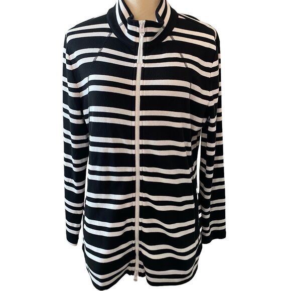 Talbots Jacket Women’s Size Petite XL Black White Stripe Full Zip Lightweight - Picture 1 of 11